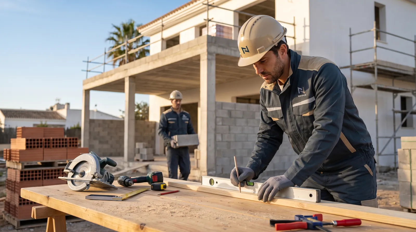 Obrero con el uniforme de Novux marcando un tablón en la mesa de trabajo de una obra, con una casa a medio construir detrás